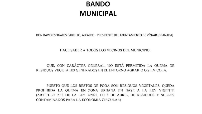 Bando Municipal sobre la quema de residuos vegetales