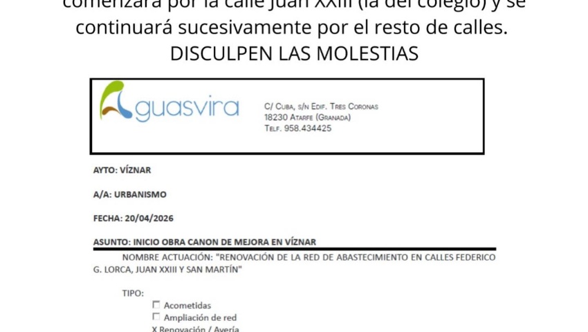 Aviso comienzo de obras de renovación del abastecimiento de algunas de las calles de municipio