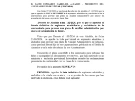 LISTADO DEFINITIVO DE ASPIRANTES ADMITIDOS/AS Y EXCLUIDOS/AS DE LA CONVOCATORIA PARA PROVEER UNA PLAZA DE AUXILIAR ADMINISTRATIVO POR EXCESO DE ACUMULACIÓN DE TAREAS.