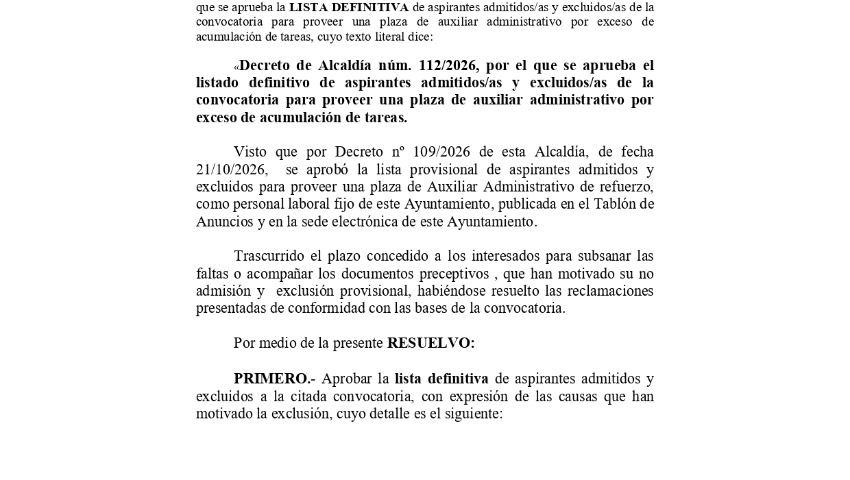LISTADO DEFINITIVO DE ASPIRANTES ADMITIDOS/AS Y EXCLUIDOS/AS DE LA CONVOCATORIA PARA PROVEER UNA PLAZA DE AUXILIAR ADMINISTRATIVO POR EXCESO DE ACUMUL...