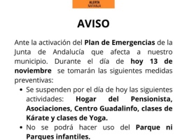 Medidas ante la activación del Plan de Emergencias de la Junta de Andalucía que afecta a nuestro municipio