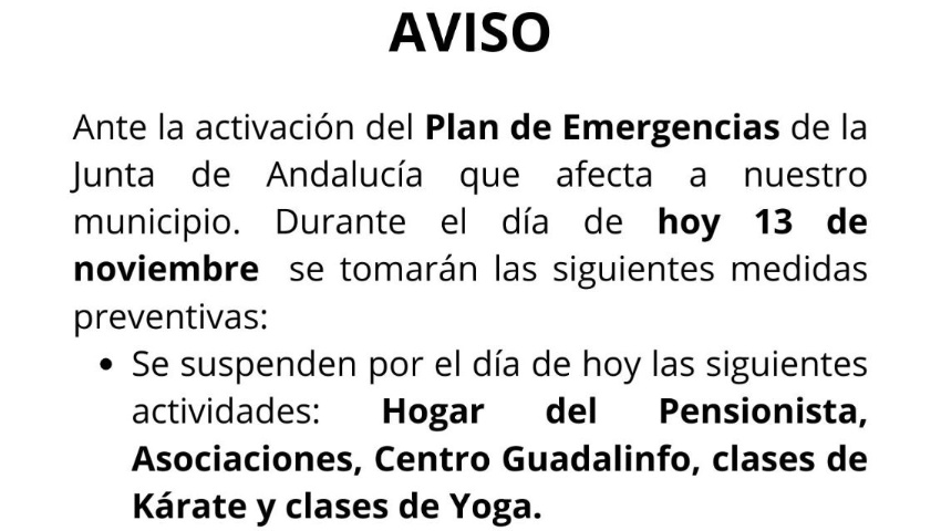 Medidas ante la activación del Plan de Emergencias de la Junta de Andalucía que afecta a nuestro municipio