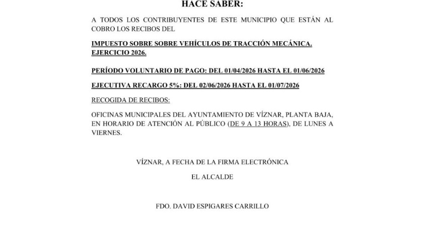 Impuesto sobre vehículos de tracción mecánica, ejercicio 2026